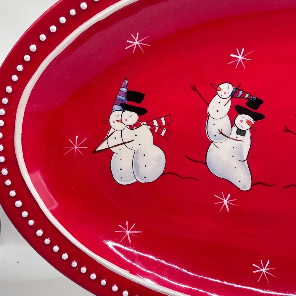 Foreside Red Snowman Ceramic Oval Serving Platter Holiday Christmas Dish 18 in